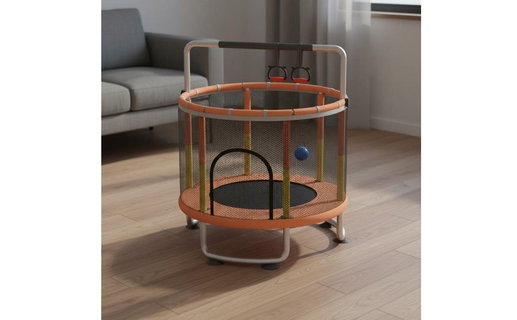 Quiet Bouncing Kids Trampoline with Safety Net Anti-Tip Stable Base Mini Trampoline with Enclosure Long-Lasting Steel Frame Small Jumping Bed with Guardrail for Toddlers, Playroom