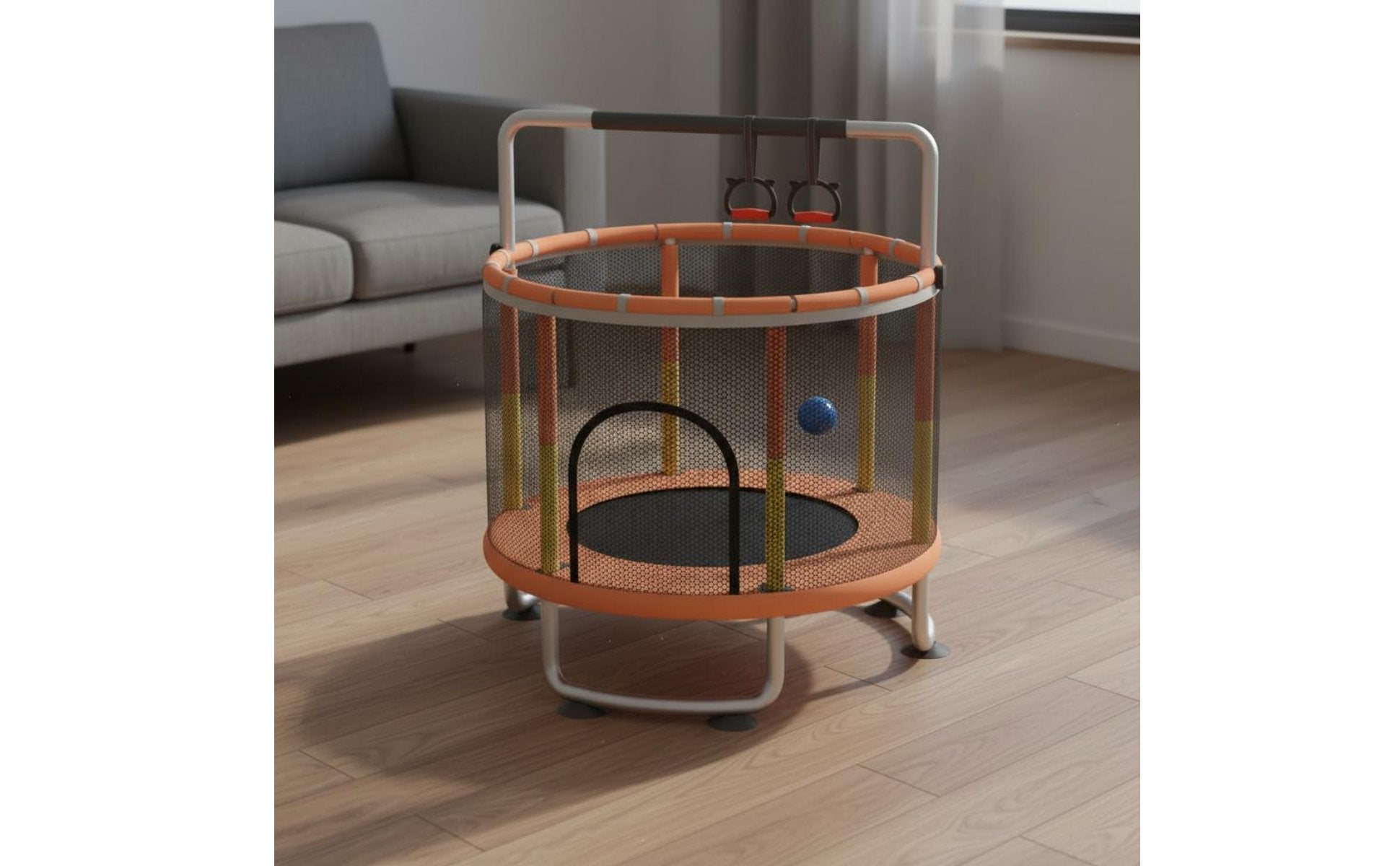 Quiet Bouncing Kids Trampoline with Safety Net Anti-Tip Stable Base Mini Trampoline with Enclosure Long-Lasting Steel Frame Small Jumping Bed with Guardrail for Toddlers, Playroom