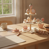 Wooden Dessert Stand Toy Rounded Edges Pretend Tea Time Set Printed Details