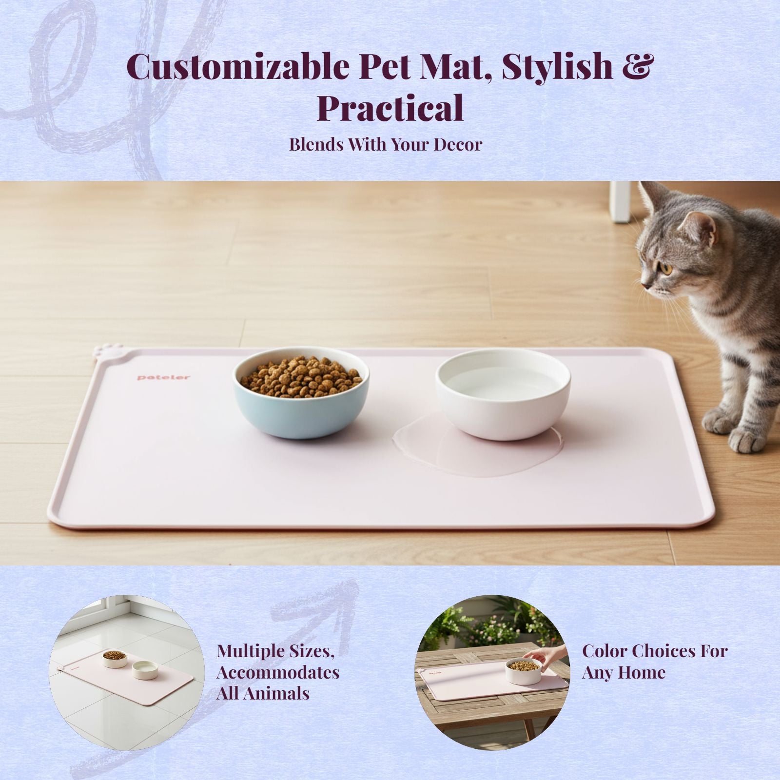 Pet Feeding Mat, Silicone Waterproof Non-Slip Pet Bowl Mat, wellnessConscious, Raised edge, Easy to Clean, Protects Floors, for felines and Dogs