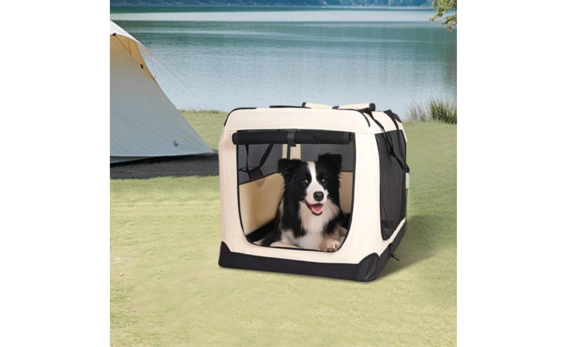 Soft-Sided Travel Crate Steel Frame Soft-Sided Pet Crate Folding Kennel Mesh Panels Pet Supplies Zippered Opening for Car Use