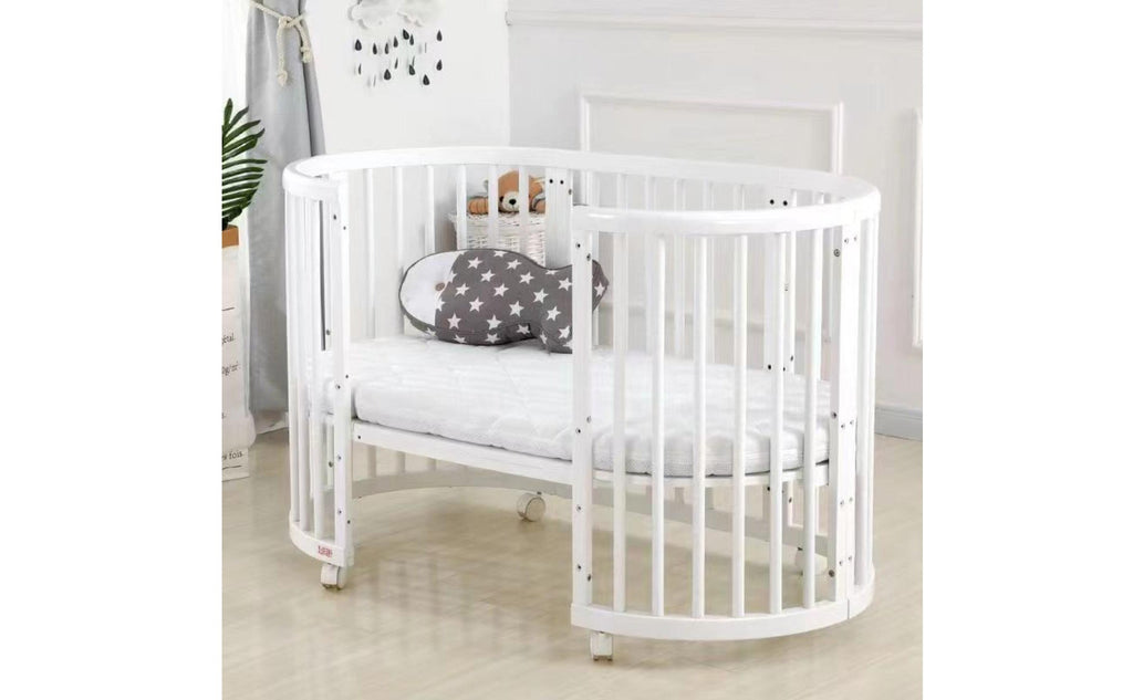 Grows with Your Child Convertible Oval Crib Extendable Design Toddler Table and Chair Set Space Saving Bedside Sleeper Bassinet for Toddlers, Bedroom