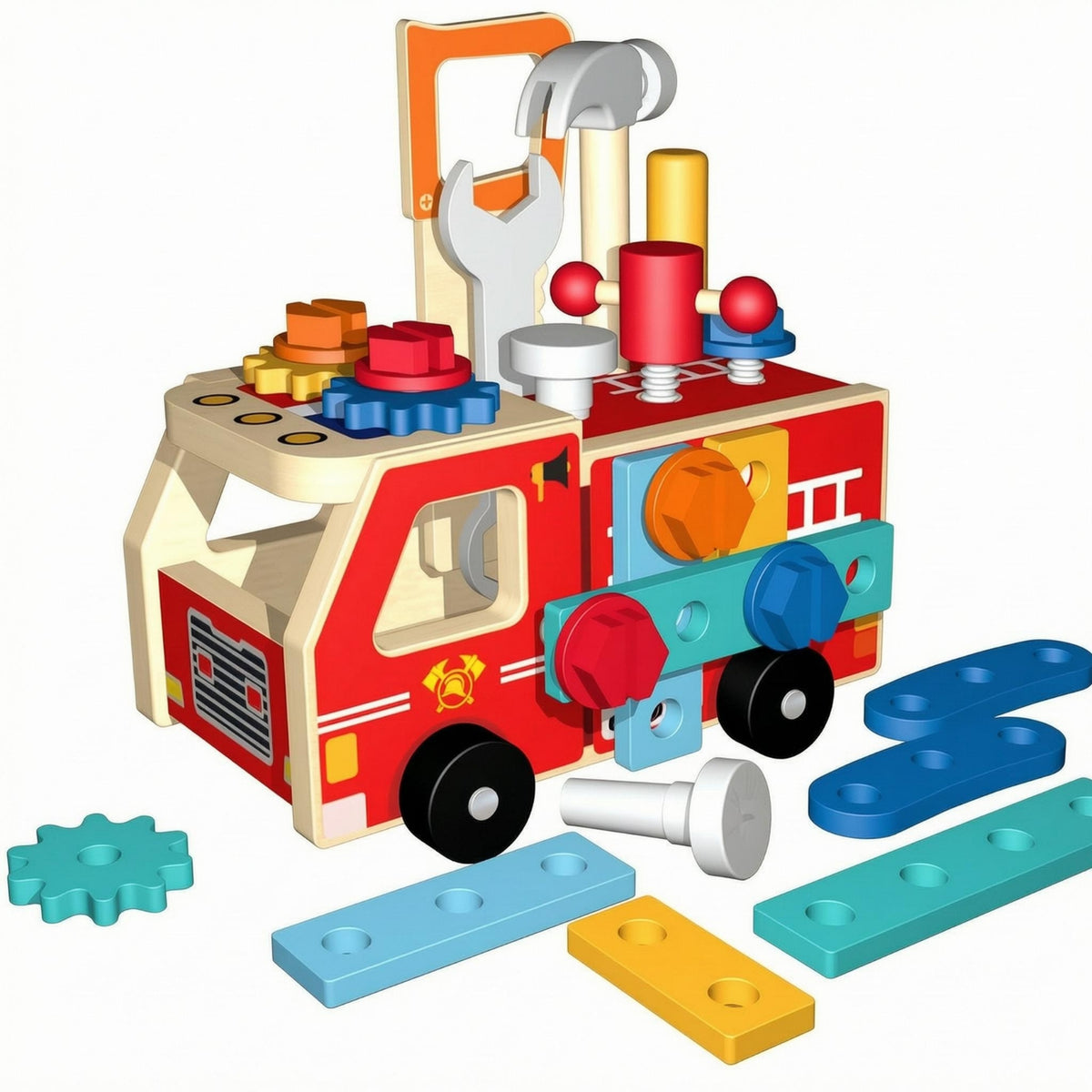 Wooden Assembly Fire Truck Fine Motor Skills Screw-on Building Truck