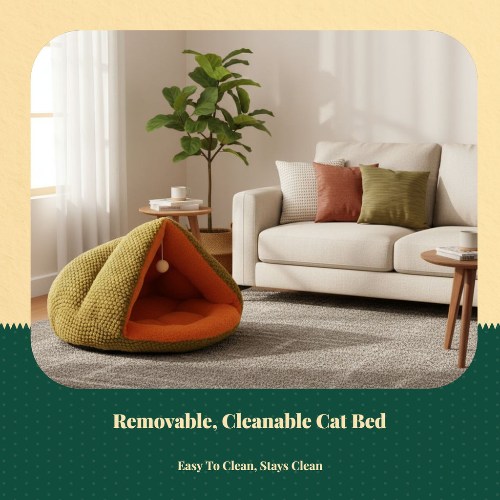 Plush cat bed with washable pad