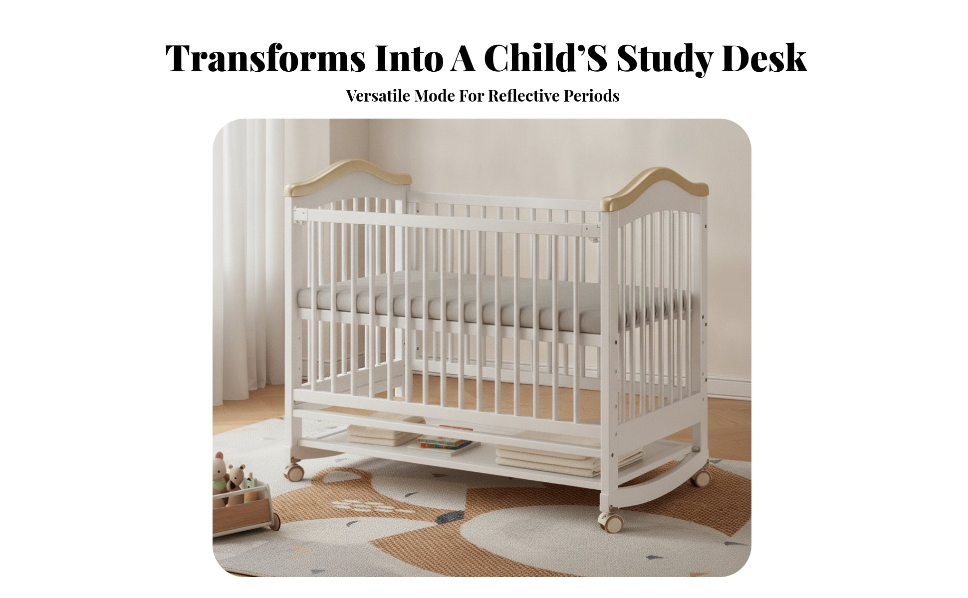Sleeping Cot Caster Wheels Rounded Edges Movable Baby Crib Lockable Casters Adjustable Wooden Crib