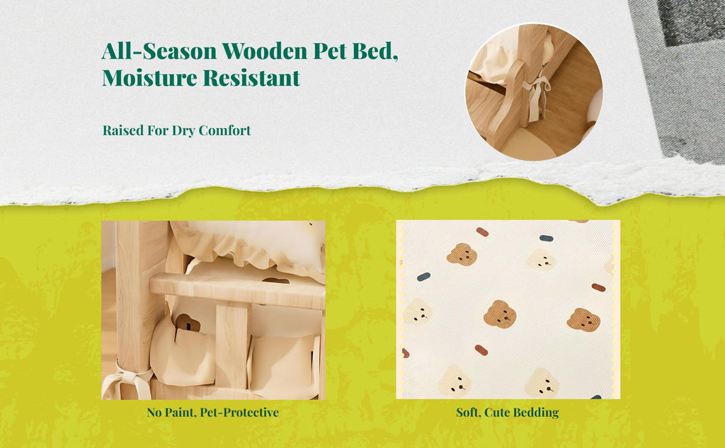Wooden Elevated Dog Bed, Plush Mat, Indoor Comfort