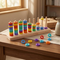 Wooden Hoop Stacker Counting Wooden Rainbow Hoop Toss Toy Fine Motor Skills