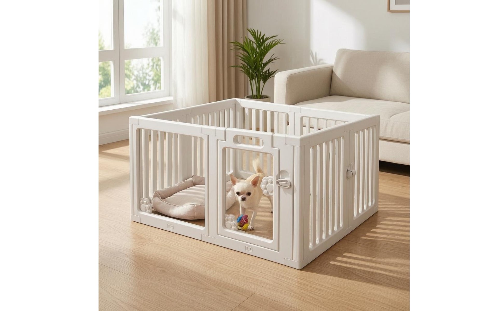 White Dog Playpen Fence Plastic Indoor Dog Fence Snap-Together Freestanding Pet Gate Lockable Door for Household Use