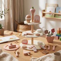 Wooden Dessert Stand Toy Rounded Edges Pretend Tea Time Set Printed Details