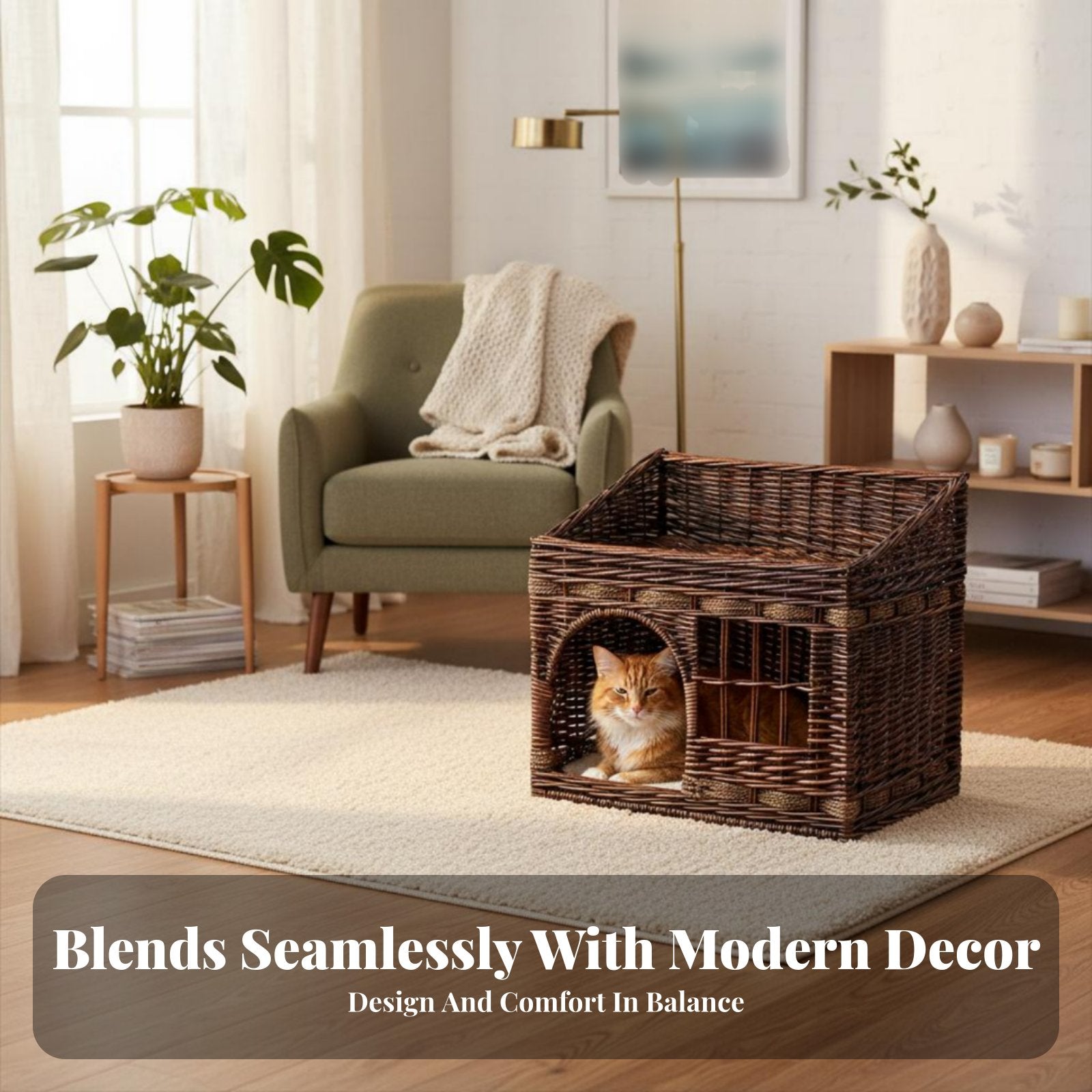 Wicker Cat House Handwoven Enclosed Cat Bed Rattan Pet Kennel Easy to Clean Enclosed Pet Bed Stylish Design for Kittens, Bedroom