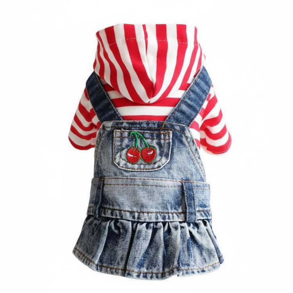 Ruffled Hem Denim Dog Dress Comfortable Fit Puppy Cherry Embroidered Skirt Layered Look for Dogs, Daily Wear, Special Occasions, Parties