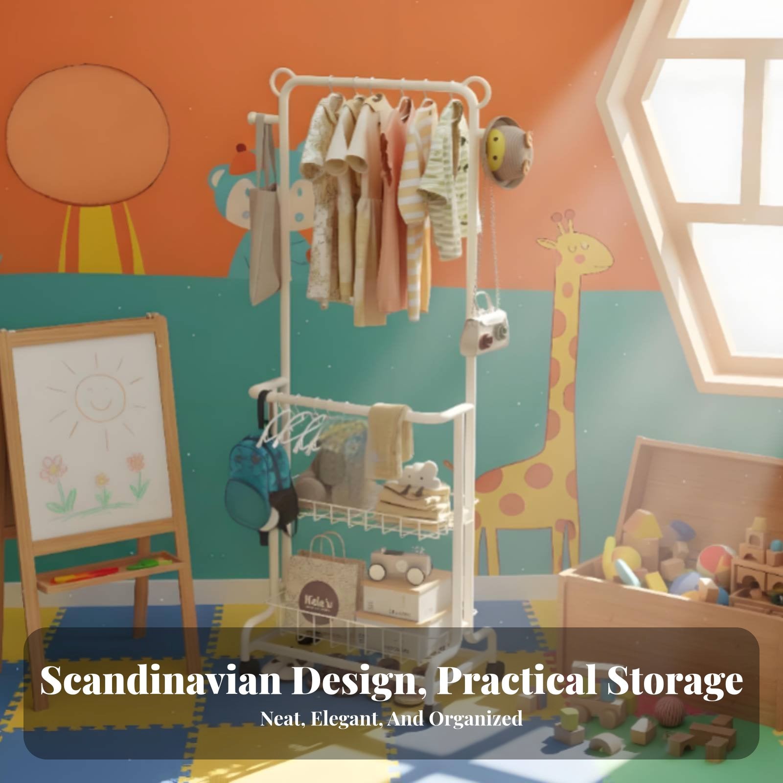 childs' Mobile Clothes Rack Child-Appropriate Height Young Child Dress-up Station Sturdy Construction Strong Load-Bearing