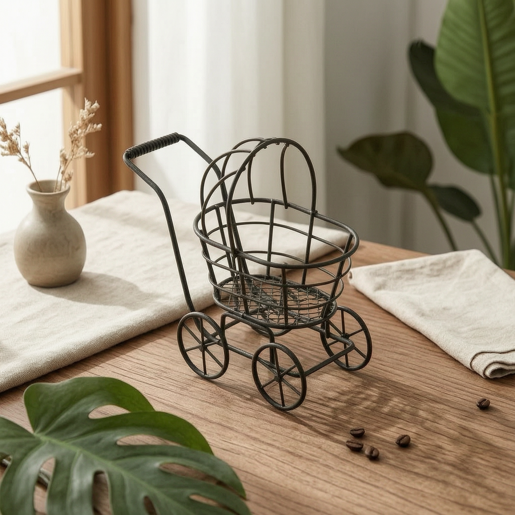 Wire Stroller Vehicle Uncovered Basket Display Piece Loop Handle for Garden