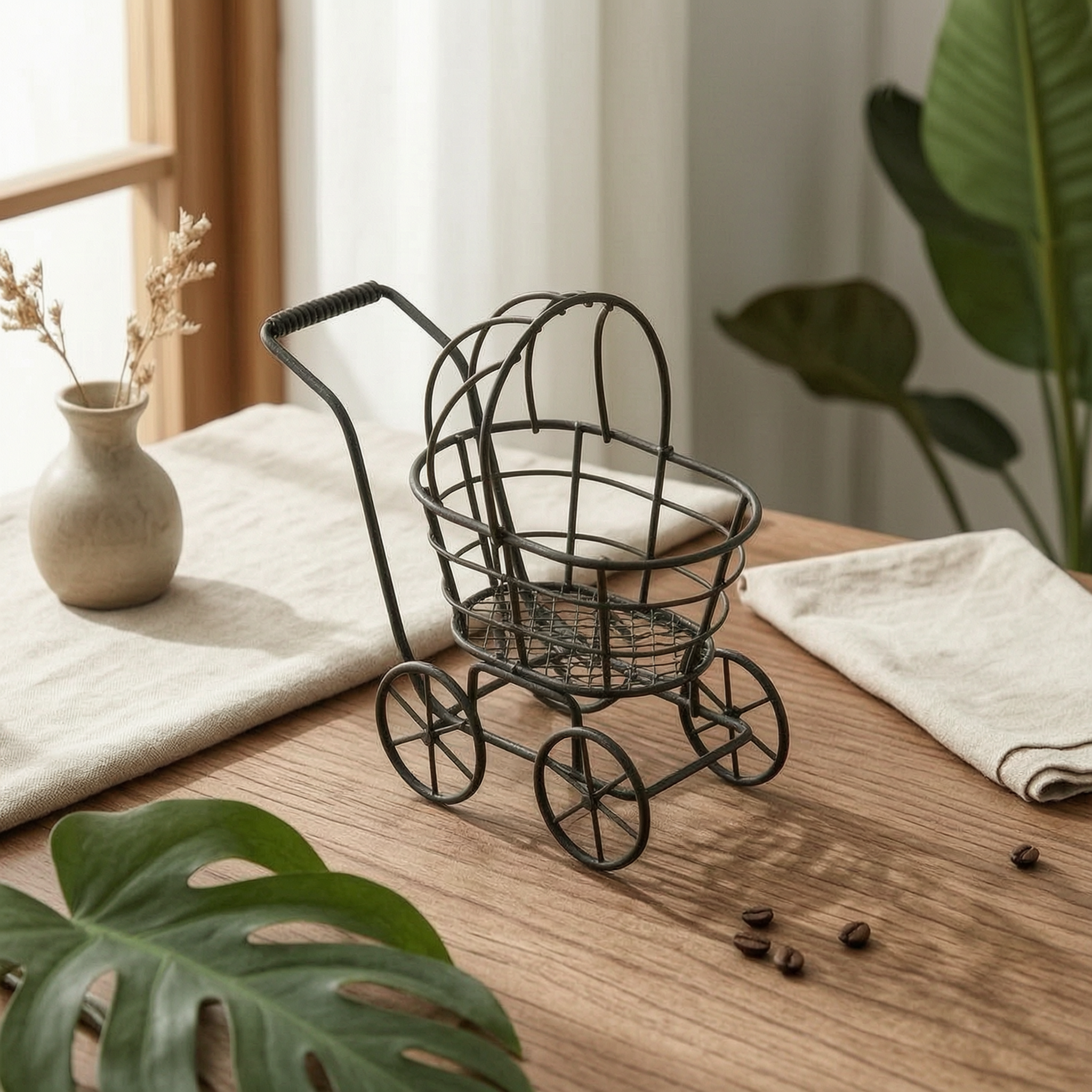 Wire Stroller Vehicle Uncovered Basket Display Piece Loop Handle for Garden