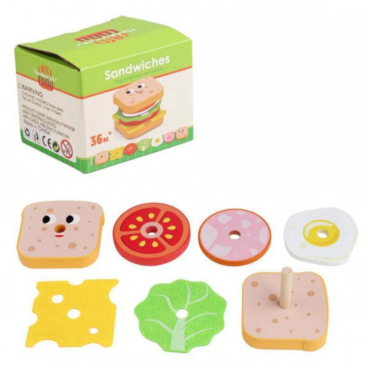 Wooden Sandwich Stacking Toy Cartoon Face Pretend Play Sandwich Rounded Corners