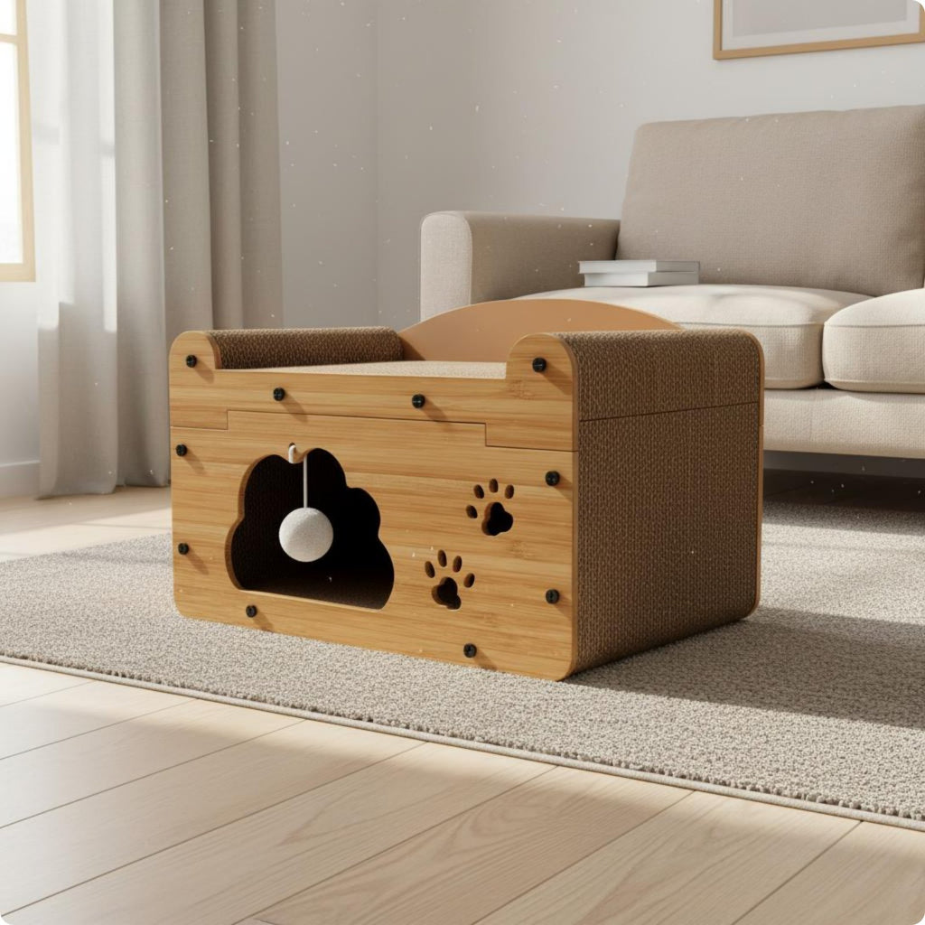 Feline Scratcher House 2-in-1 Enclosed Feline Bed Hollowed Boards