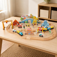 Electric Toy Train Set Educational Wood Train Track and Buildings Set Imaginative Play Wooden Railway Playset for Young Children, Playroom, Preschool