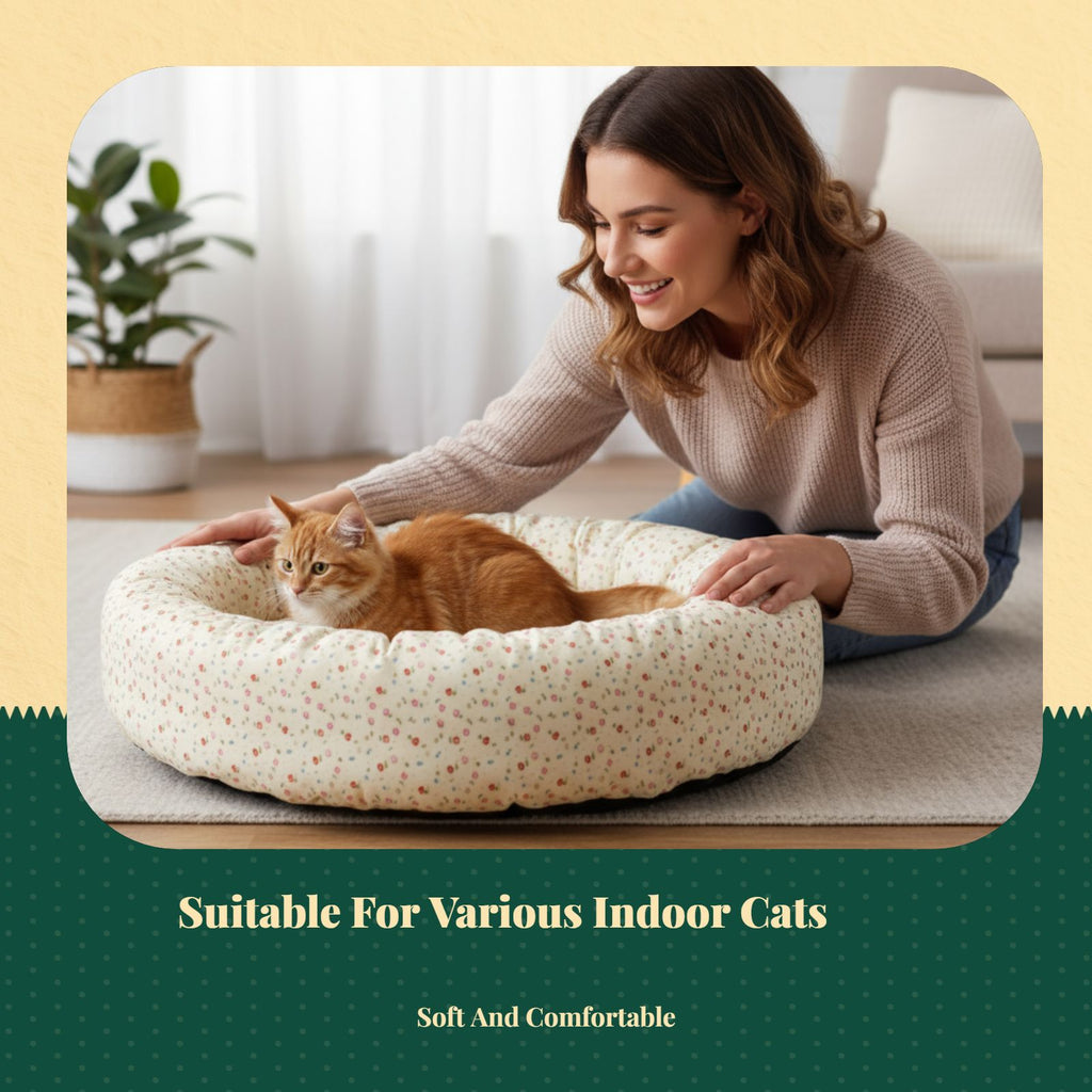 Cat Bed, Round Washable Non-Slip Mat, Cozy Calming Pet Bed