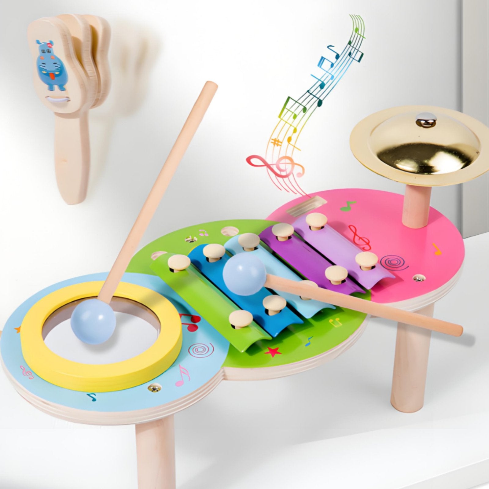 Rhythm Music Toy Early Learning Wooden Percussion Table Natural Wood