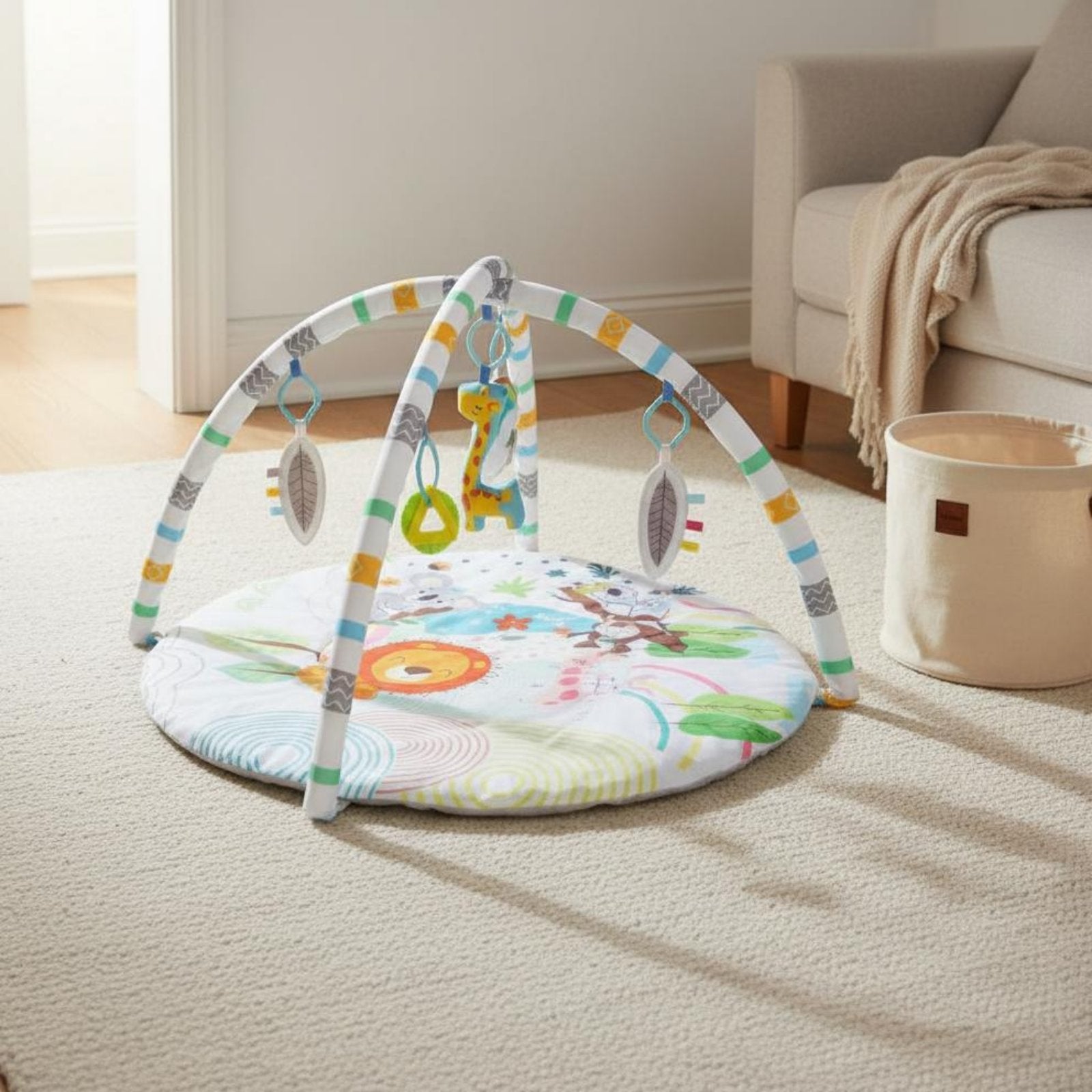 Infant Play Gym with Toys Sensory Stimulation Round Tummy Time Mat for Newborns