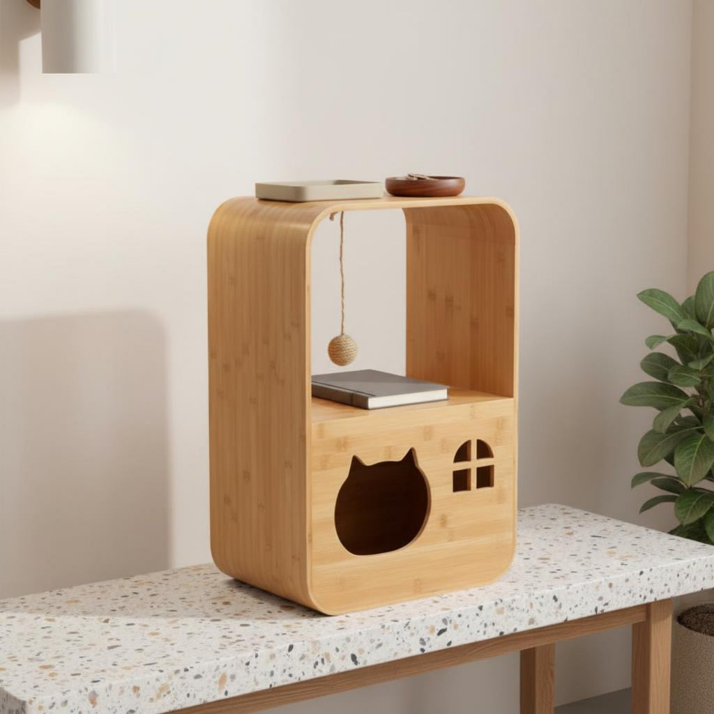Wooden Cat House Cabinet 2-in-1 Cat Design Condo Cabinet Space-Saving Animal Furniture for Living Room