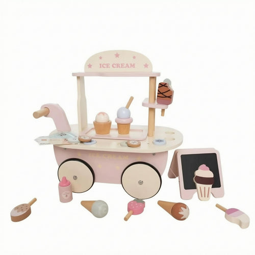 Wooden Ice Cream Cart Wheeled Kids Play Item Cognitive Learning for Children