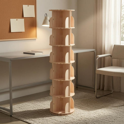 Wooden Rotating Bookshelf Floor Standing Bookcase Unit Cylindrical Furniture Storage