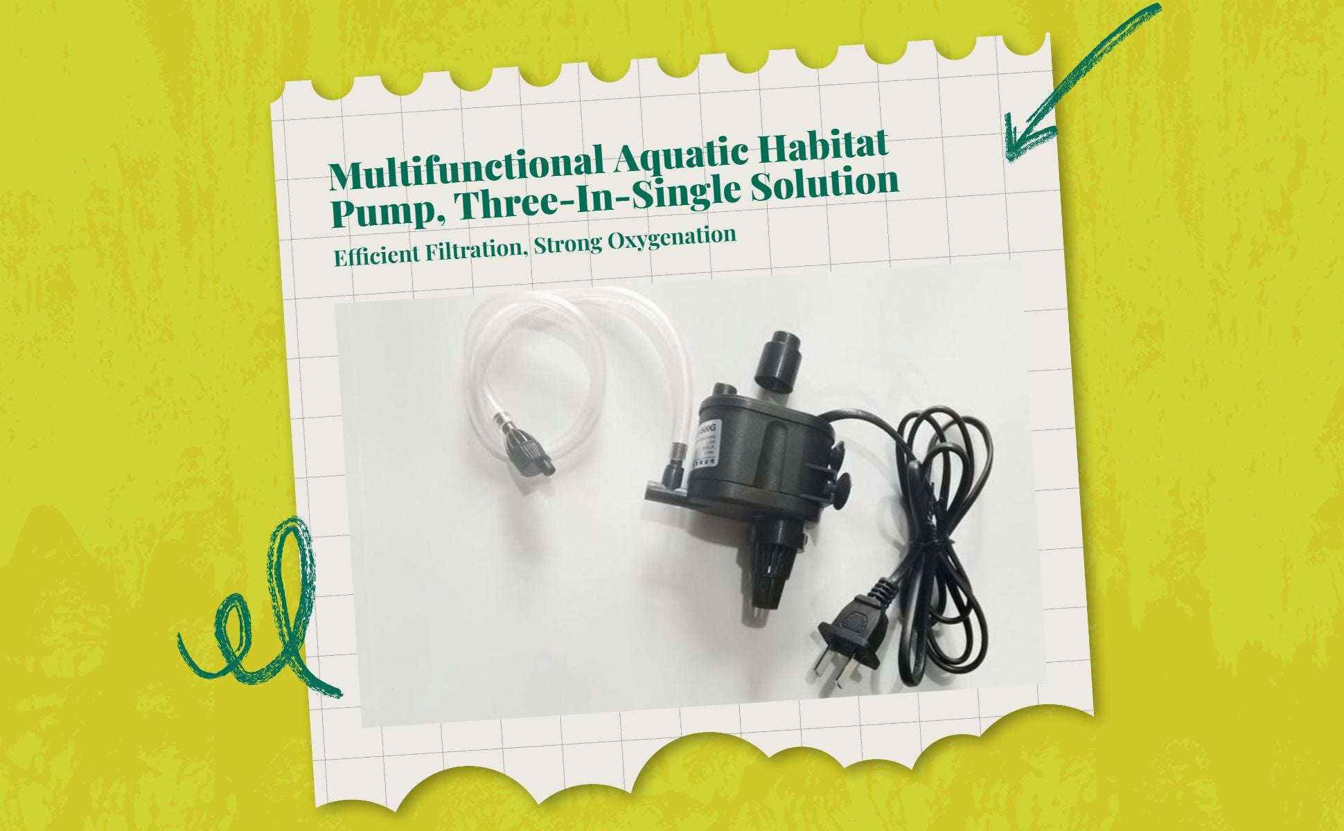 Immersible aquatic pump, high height, extremely quiet, multi-functional aquatic habitat purifier, oxygenation for fish tanks