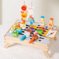 Wooden Grill Playset Slatted Wooden Barbecue Toy Menu Cards for Children