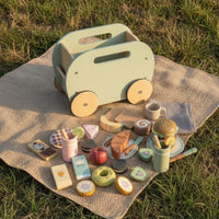 31 Pieces Wooden Food Truck Playset Great Gift Wooden Picnic Cart Set Kids Play Wood Snack Cart for Playroom