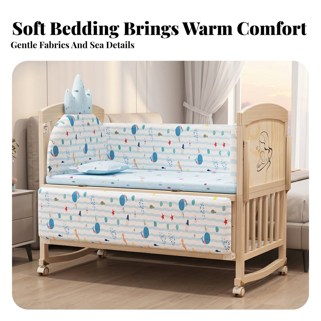 Slatted Wooden Crib Natural Wood Finish Wooden Baby Crib Multi-Functional Enclosed Base
