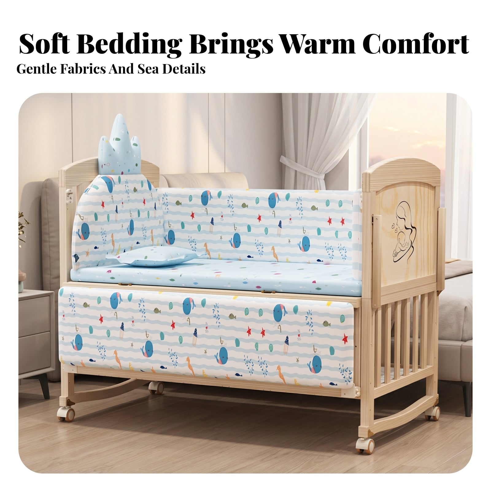 Slatted Wooden Crib Natural Wood Finish Wooden Baby Crib Multi-Functional Enclosed Base
