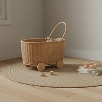Rattan Toy Cart Handwoven Toy Storage Push Cart Boho Design for Children