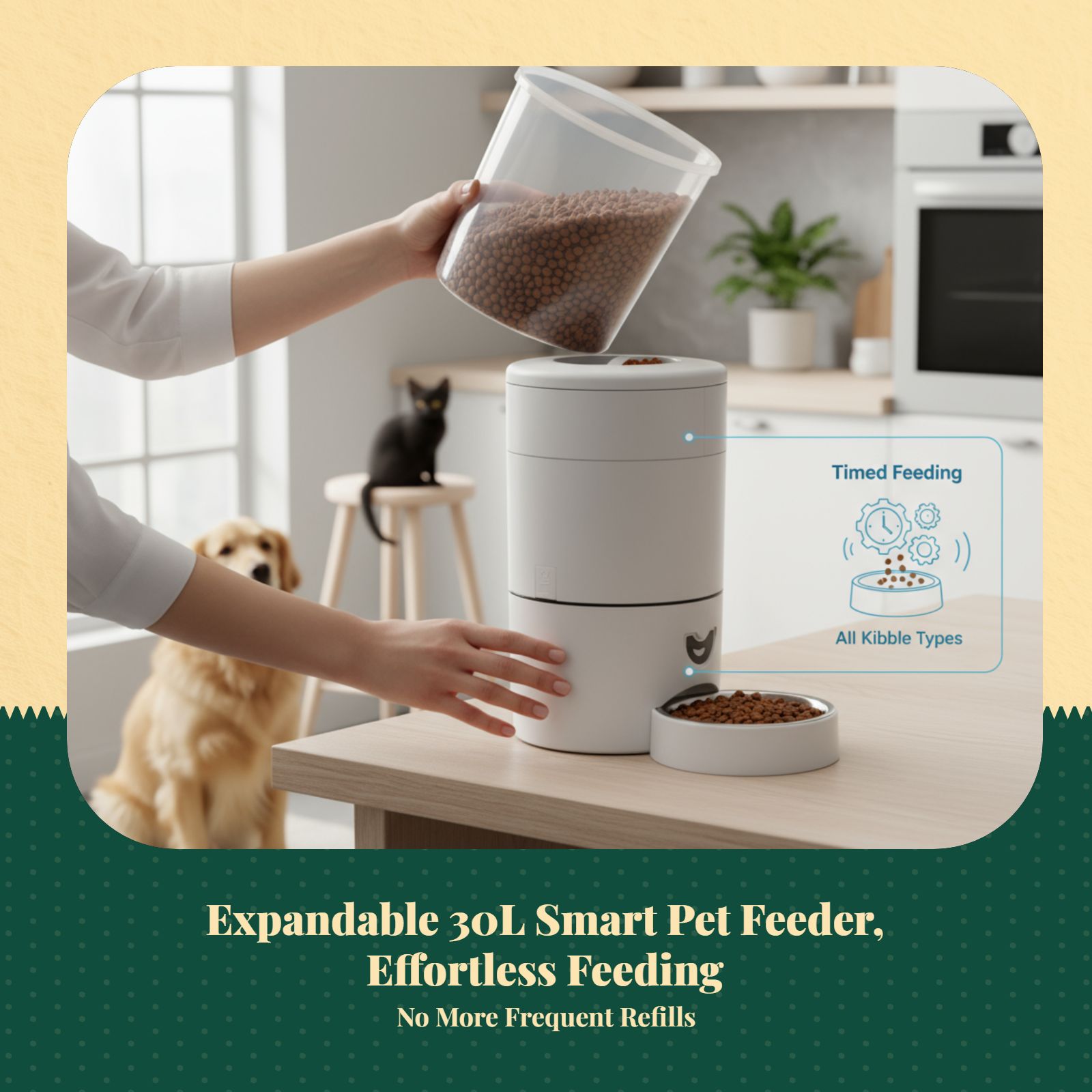 App-controlled pet feeder, timed meals