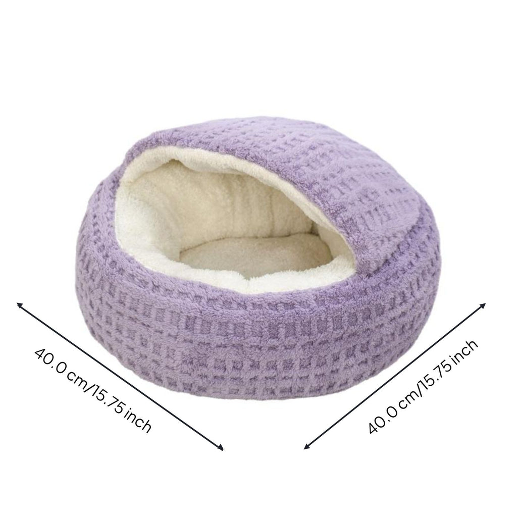 Plush semi-enclosed cat bed, warm, non-slip base, indoor use