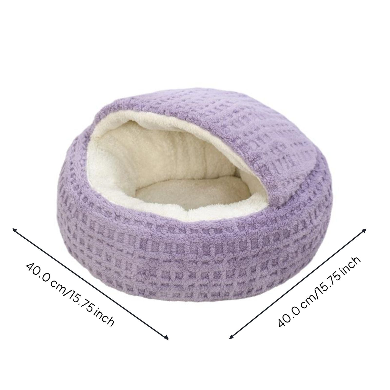 Plush semi-enclosed cat bed, warm, non-slip base, indoor use