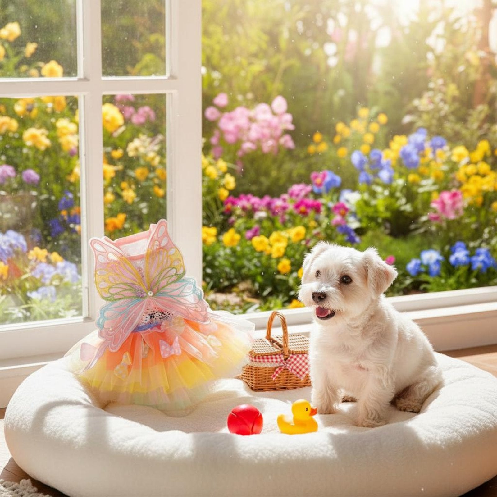 Rainbow Butterfly Pet Dress Pearl Embellished Summer Puppy Tutu for Small Dogs