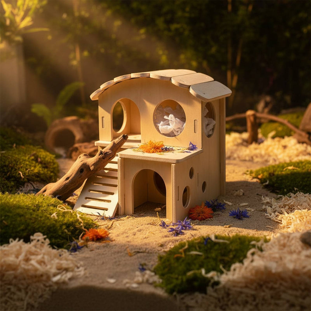 Double-Decker Hamster House Multi-Functional Stairs Wooden Pet Hut Natural Wood