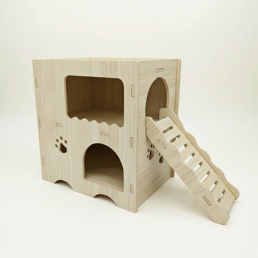 2-Story Hamster Hideout Solid Wood Wooden Hamster House with Ramp Easy Assembly