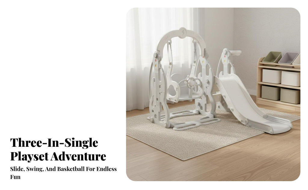 Safe Design 3-in-1 Slide Swing Basketball Set Easy Assembly Toddler Indoor Playset Sensory Development Toddler Slide and Swing Set for Toddlers, Children, Parents, Playroom, Living Room, Daycare, Outdoor