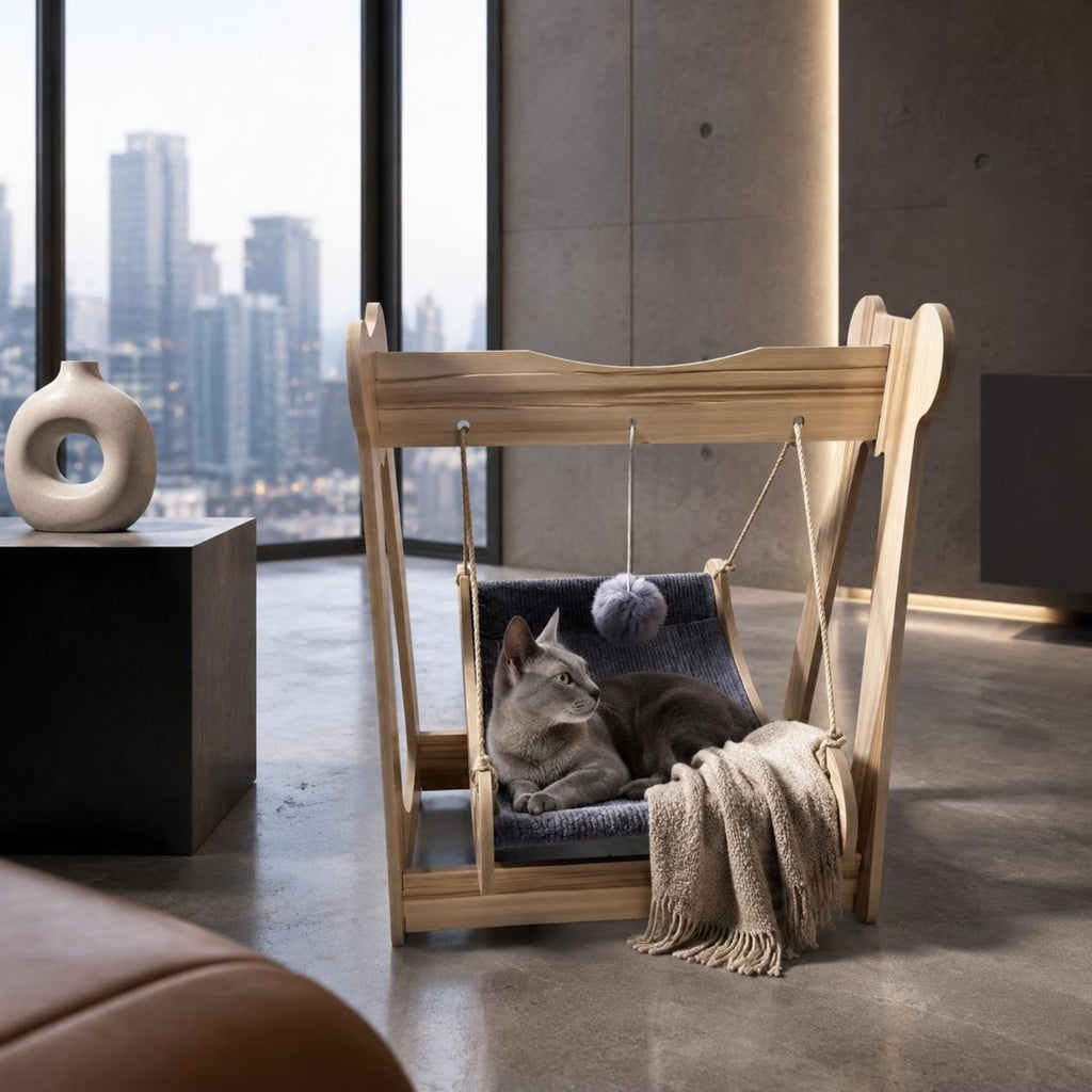 Cat Hanging Hammock Bed Elevated Cozy Nest Wooden Suspended Cat Bed Easy to Clean Animal Furniture for Cats