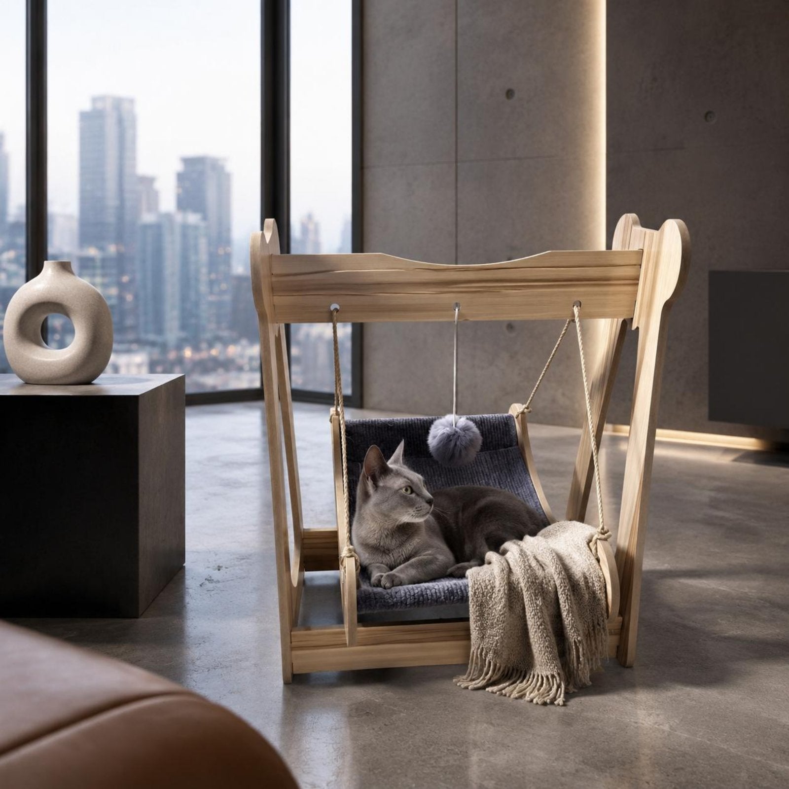 Cat Hanging Hammock Bed Elevated Cozy Nest Wooden Suspended Cat Bed Easy to Clean Animal Furniture for Cats