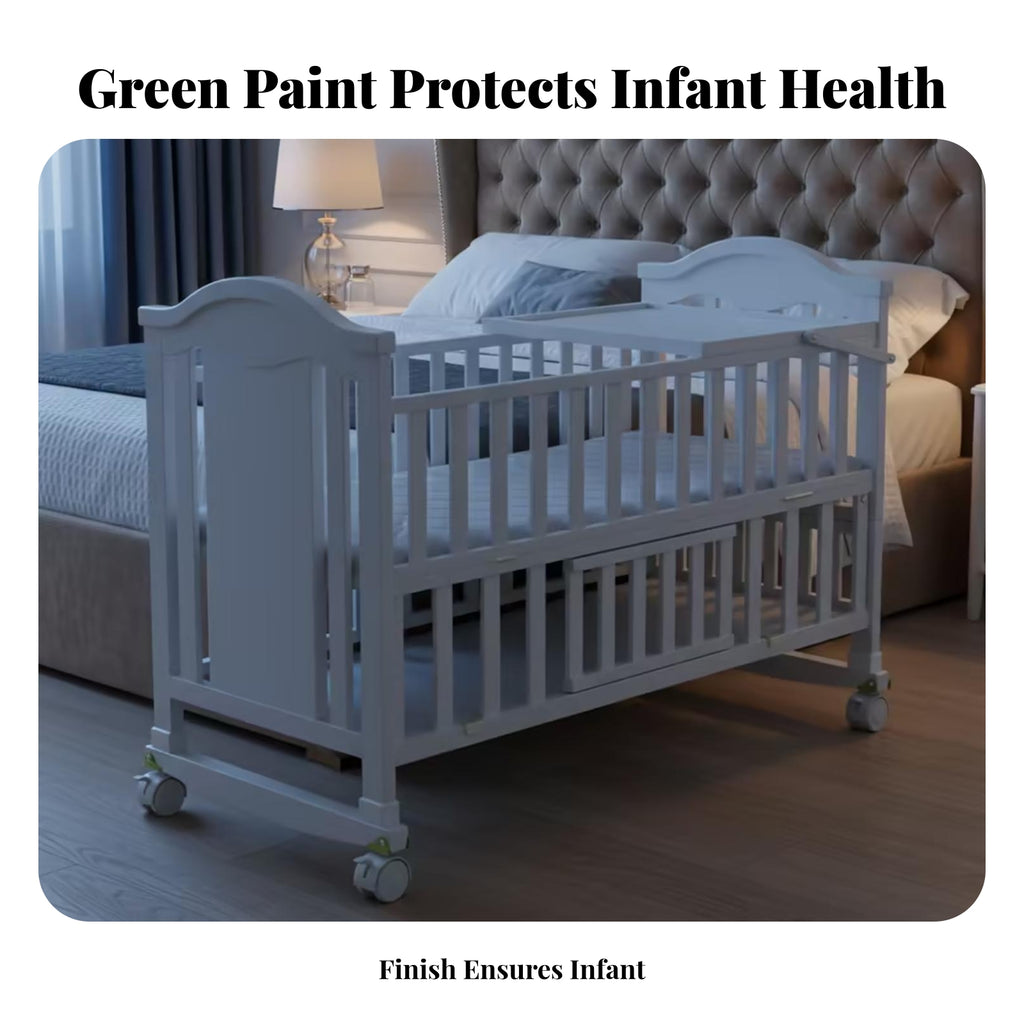 White Wooden Baby Crib Wheeled Crib on Wheels Mattress Included Nursery Bed Curved