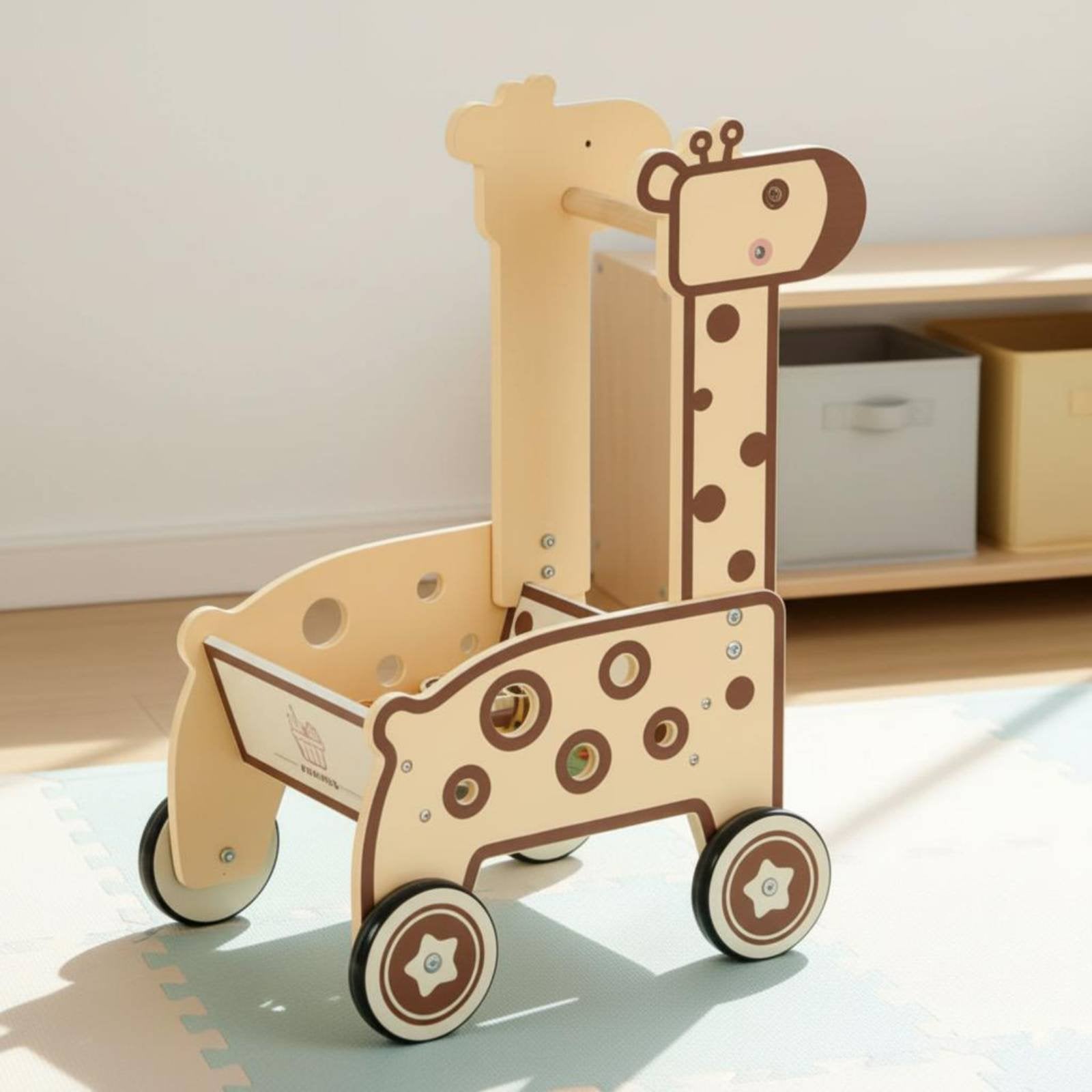 Wooden animal Pusher Educational animal Shopping Cart Sturdy Wood Wooden Shopping Cart for Walking Practice
