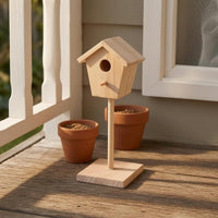Mini Wooden Birdhouse Ornament Natural Wood Finish Miniature Birdhouse on Post