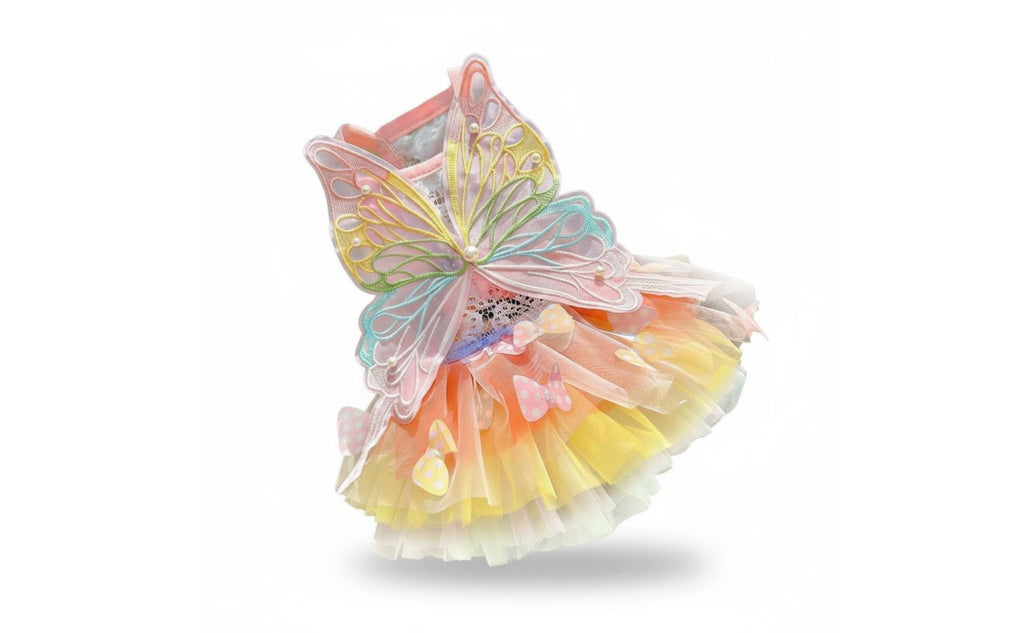 Rainbow Butterfly Pet Dress Pearl Embellished Summer Puppy Tutu for Small Dogs