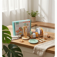 Wooden Dinnerware Set Pastel Painted Play Tableware Set Smooth Rounded Edges Wooden Kitchen Accessories for Kids