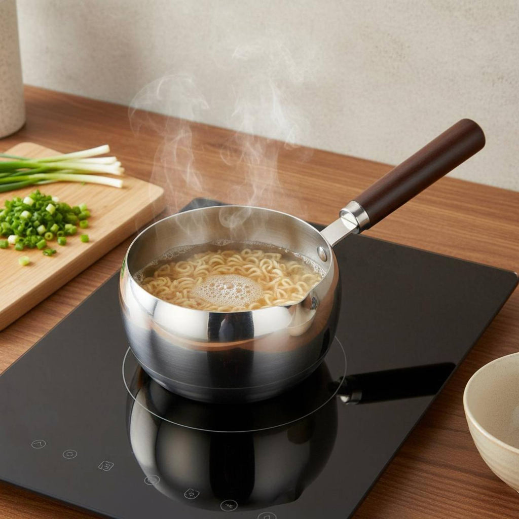 Infant Meal Cooking Pot Transparent Glass Lid Small Saucepan with Wood Handle
