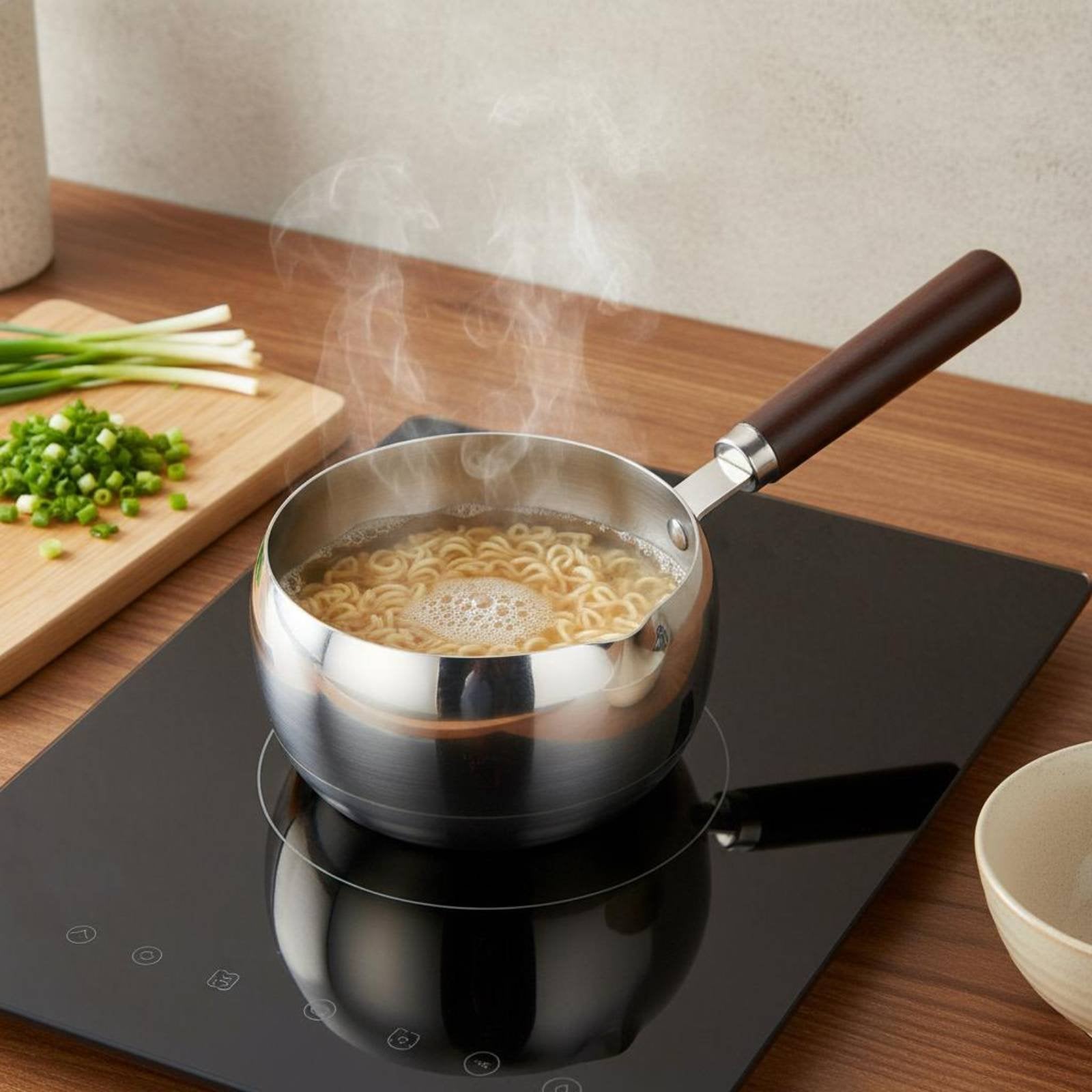 Infant Meal Cooking Pot Transparent Glass Lid Small Saucepan with Wood Handle