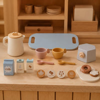 Wooden Coffee Toy Set Natural Wood Pretend Coffee Set Imaginative Play